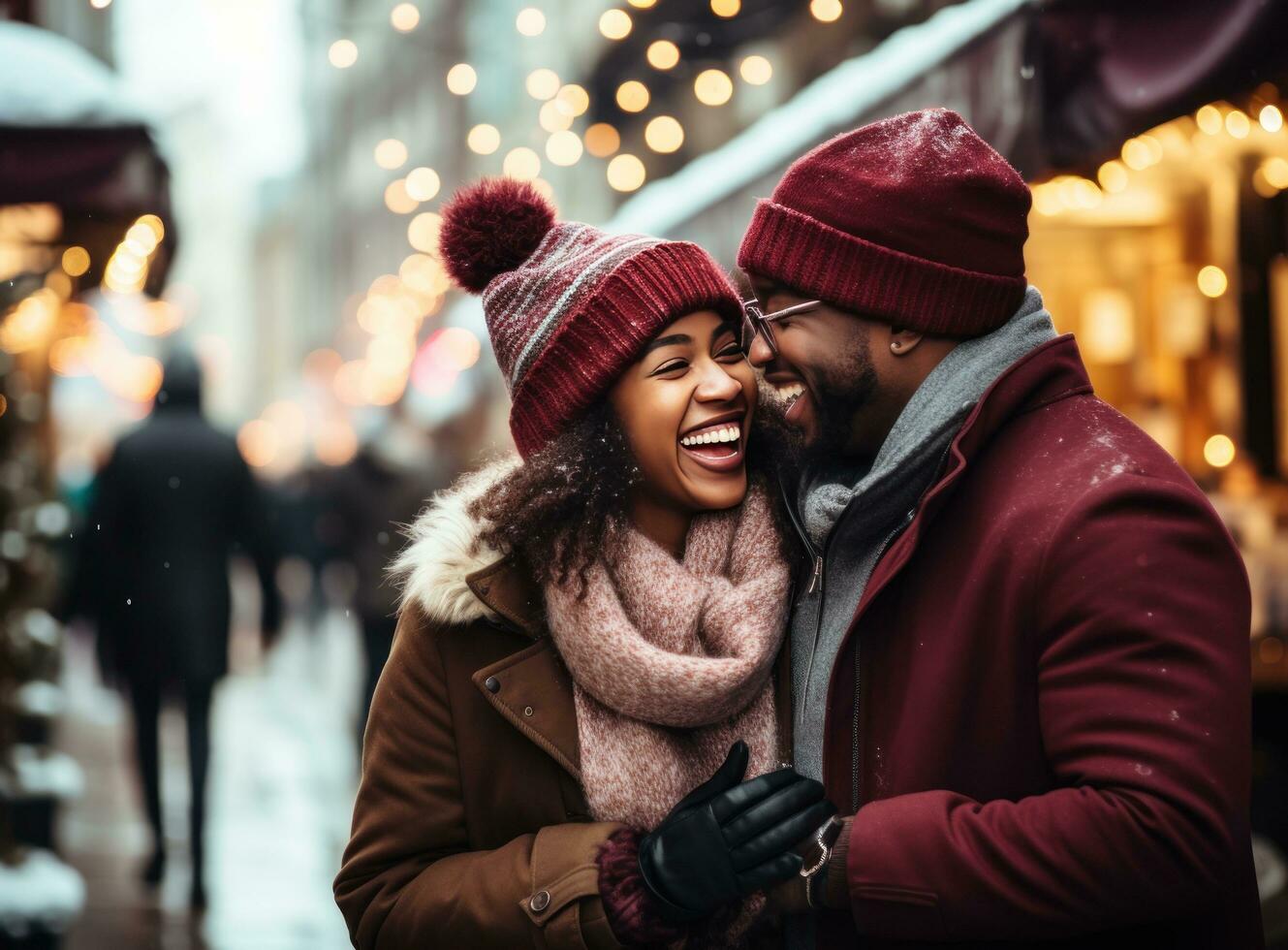 a couple holding hands while laughing and sharing a hat or beanie in winter city photo