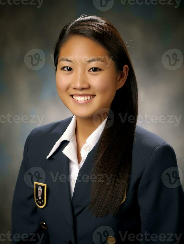 Smiling young woman of Asian descent dressed in elegant dress AI Generative photo