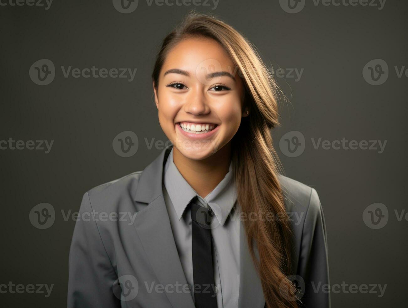 Smiling young woman of Asian descent dressed in elegant dress AI Generative photo
