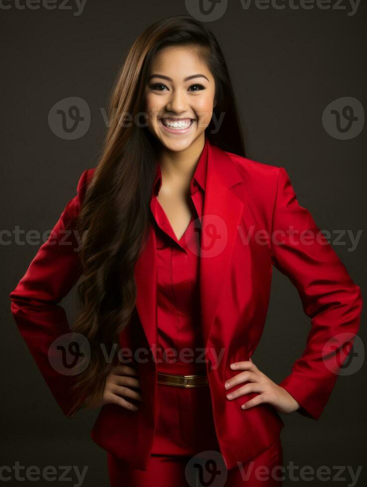 sonriente joven mujer de asiático descendencia vestido en elegante vestir ai generativo foto