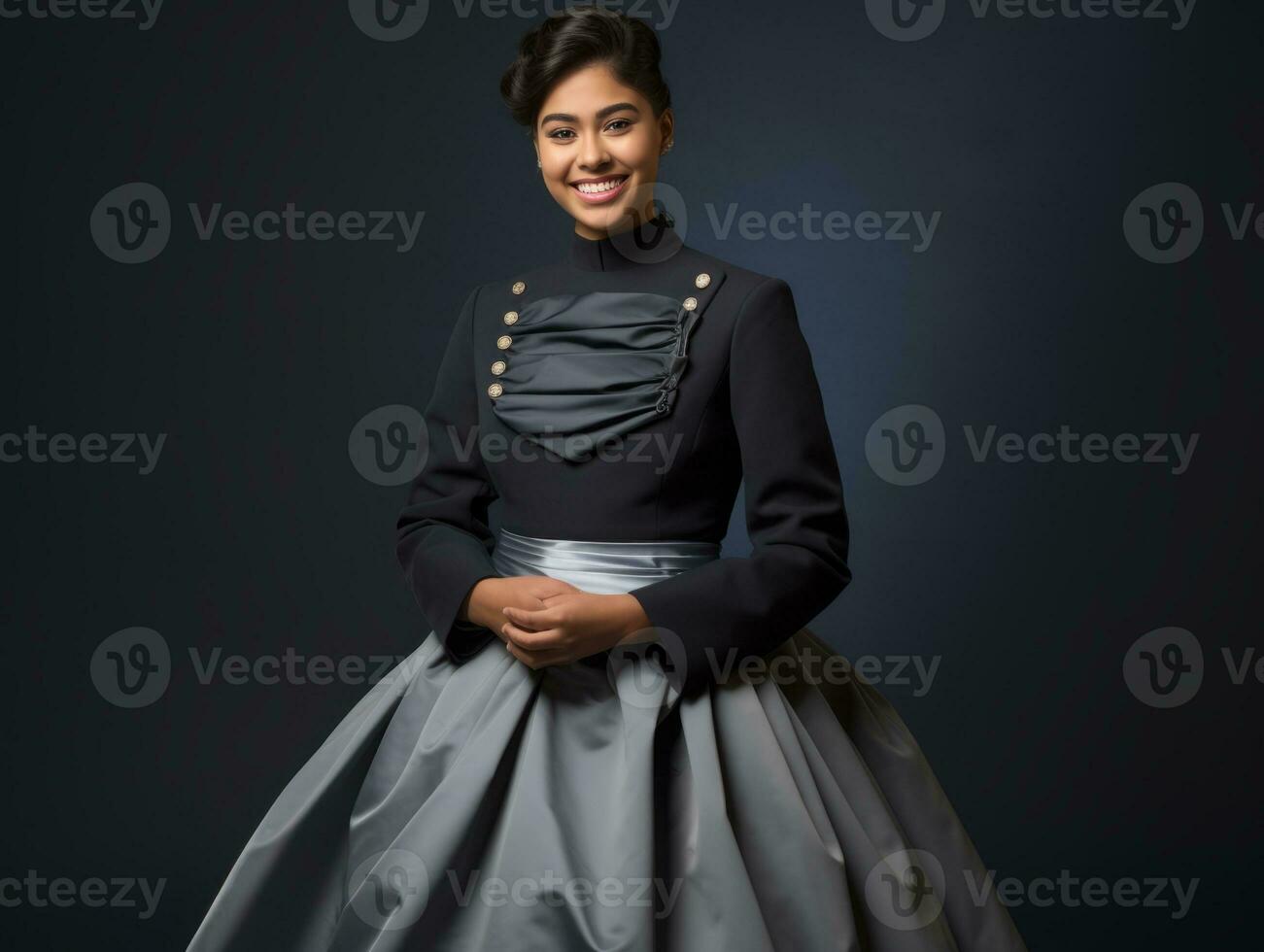 Smiling young woman of Asian descent dressed in elegant dress AI Generative photo