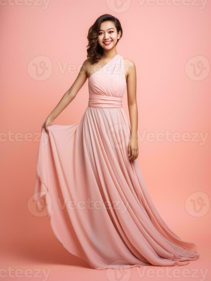 Smiling young woman of Asian descent dressed in elegant dress AI Generative photo