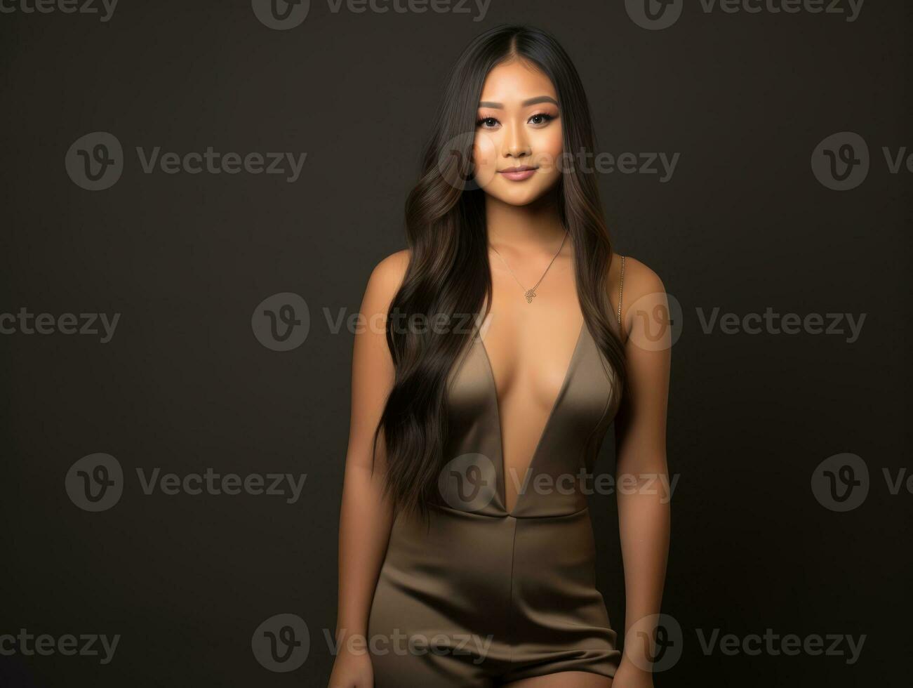 Smiling young woman of Asian descent dressed in elegant dress AI Generative photo