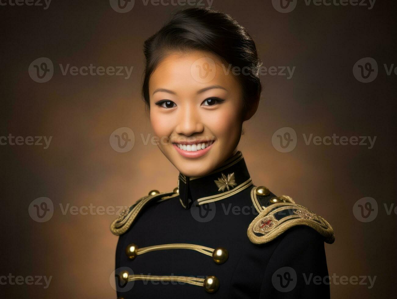 sonriente joven mujer de asiático descendencia vestido en elegante vestir ai generativo foto