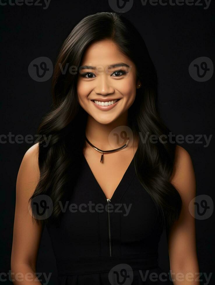 sonriente joven mujer de asiático descendencia vestido en elegante vestir ai generativo foto