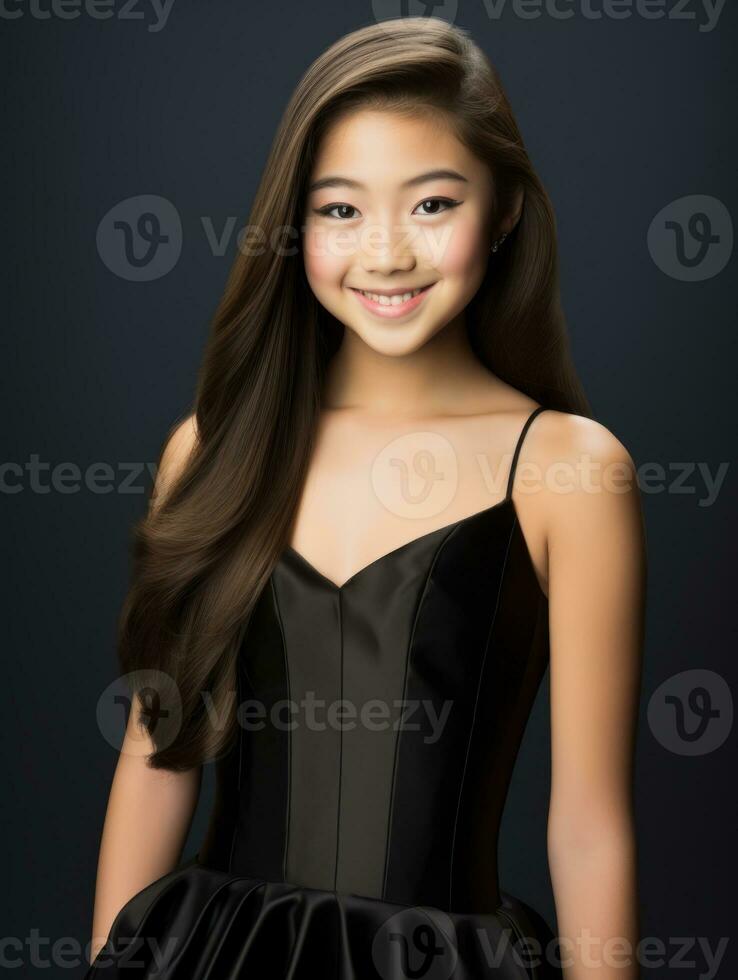 Smiling young woman of Asian descent dressed in elegant dress AI Generative photo