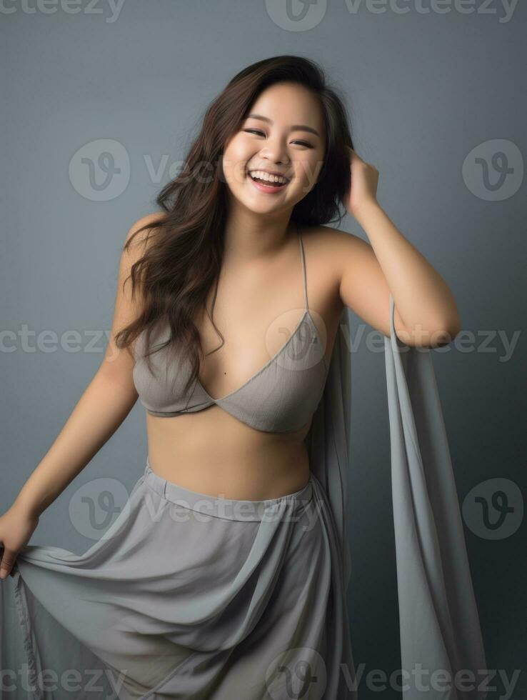 Smiling young woman of Asian descent dressed in elegant dress AI Generative photo