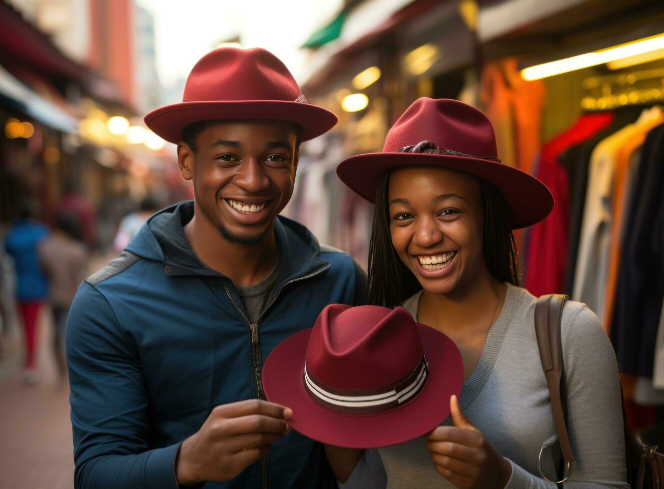 a couple holding hands while laughing and sharing a hat or beanie in winter city photo