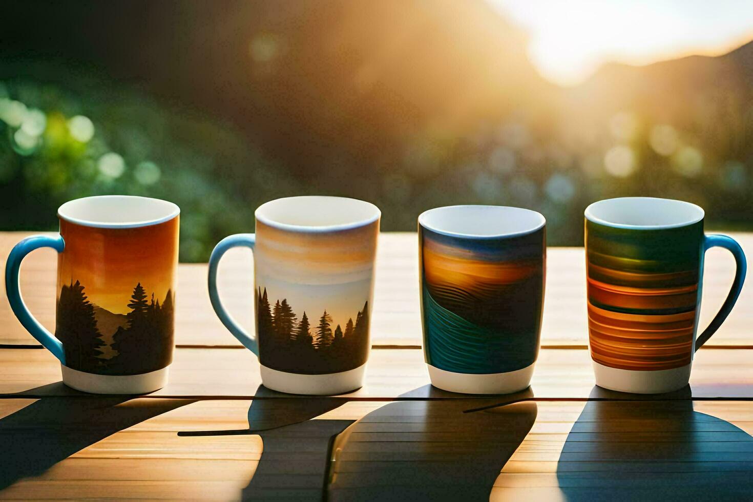 three coffee mugs with different designs on them. AI-Generated photo