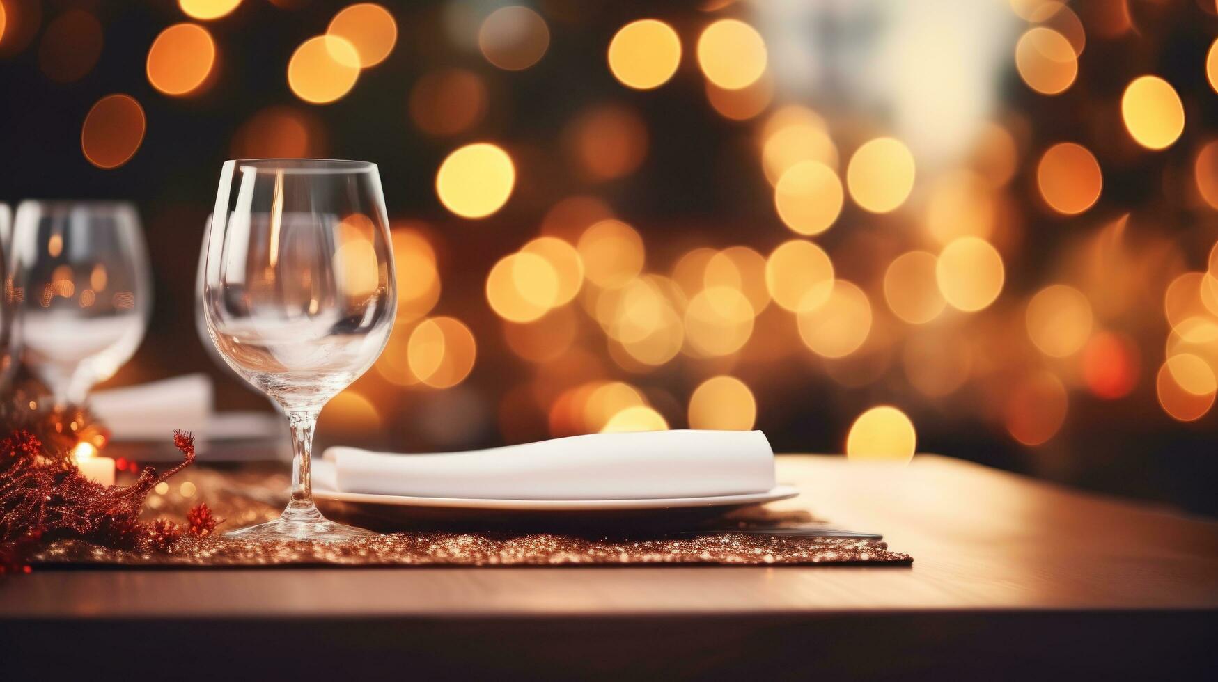 christmas dinner holiday background with blurred christmas tree