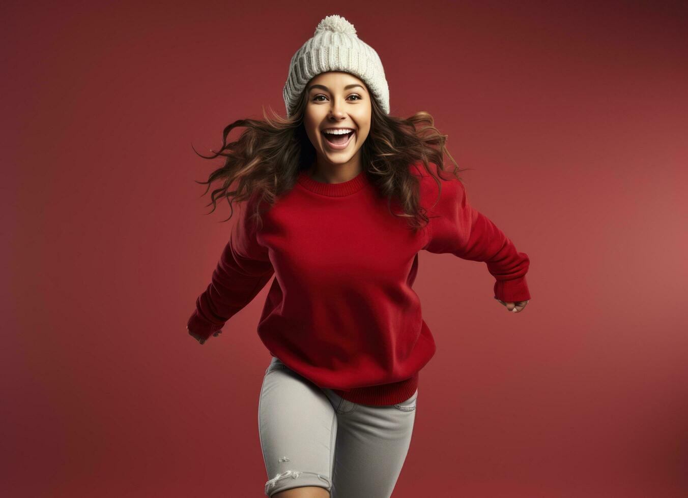a female joyfully jumps on a red background with knitwear and winter hat photo