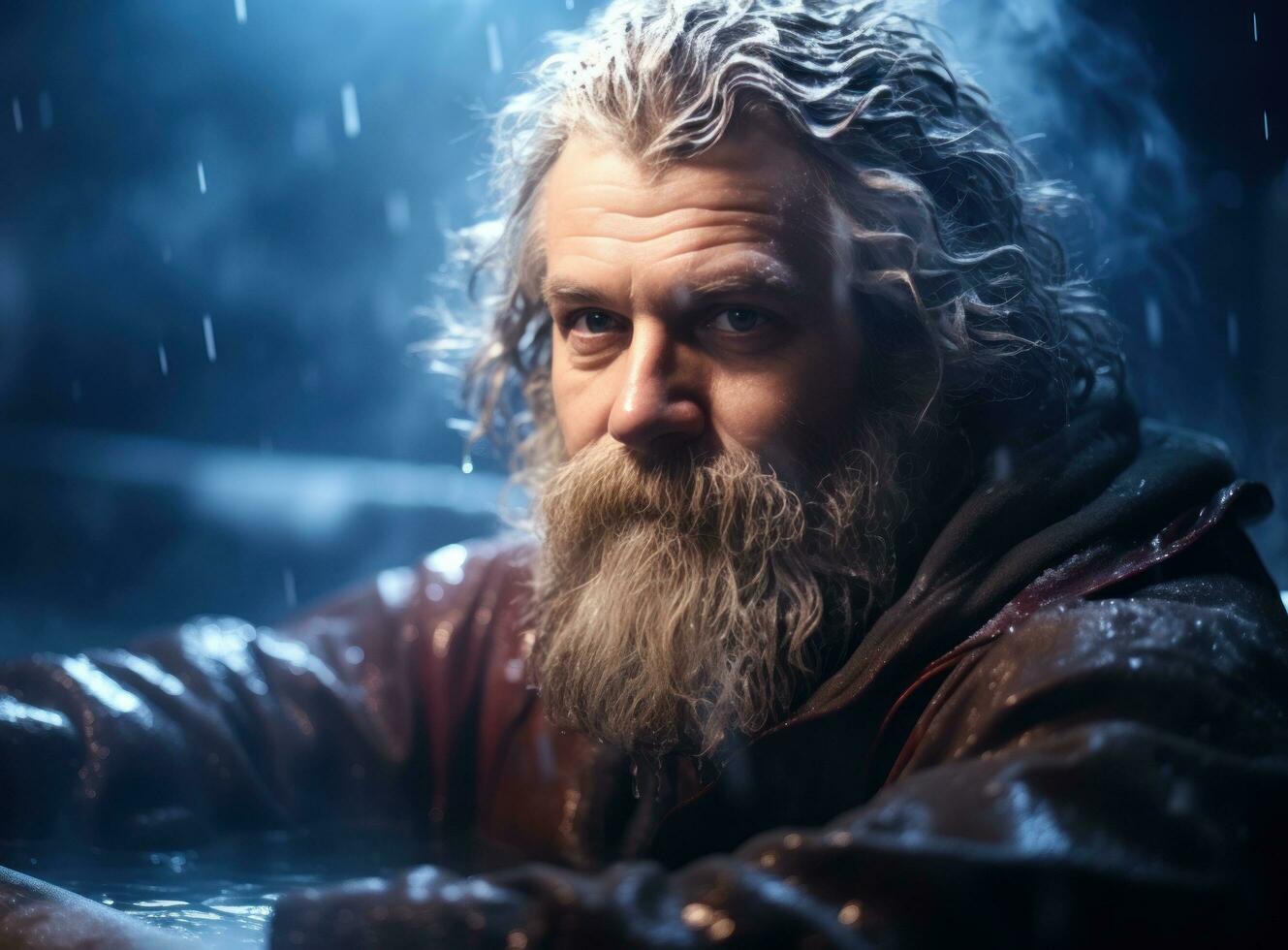 a healthy man looking comfortable and healthy in the hot tub in winter weather photo