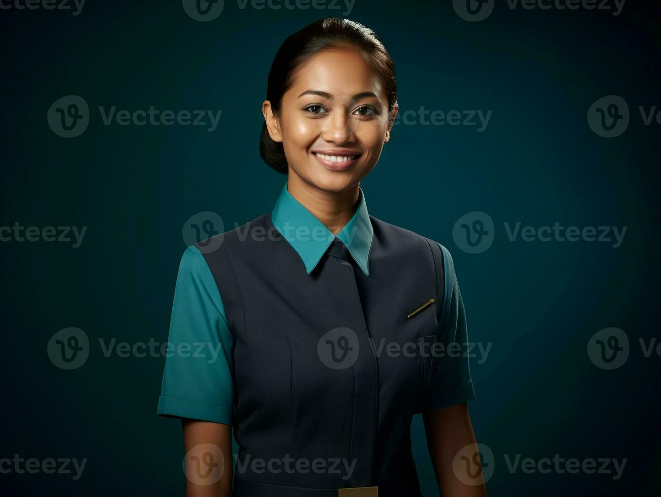 Smiling young woman of Asian descent dressed in elegant dress AI Generative photo