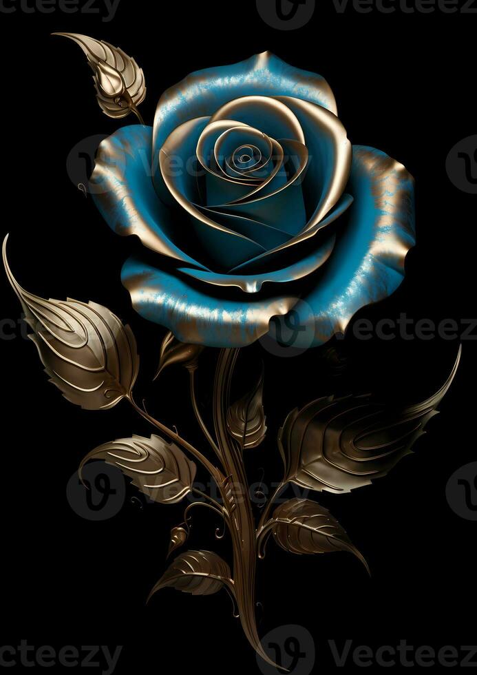 AI Generative blue rose with leaves on a black background photo