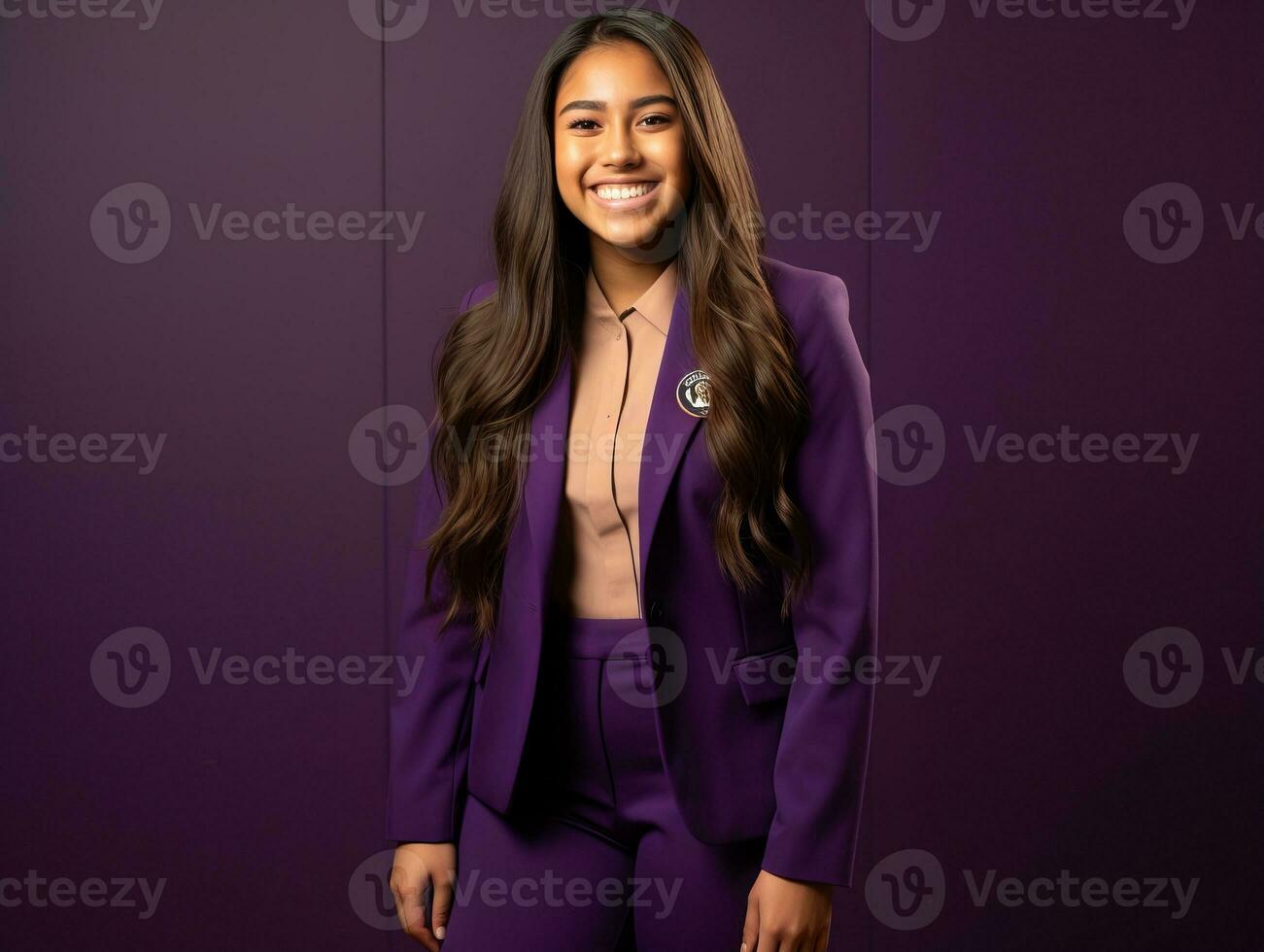 Smiling young woman of Asian descent dressed in elegant dress AI Generative photo
