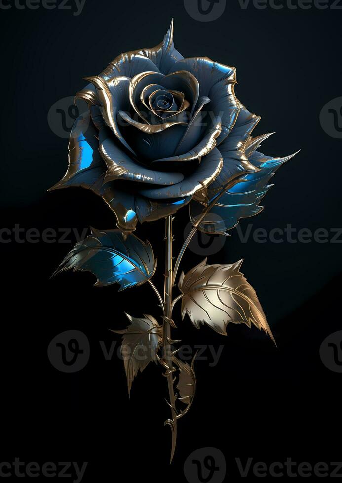 AI Generative black rose with gold leaves and leaves photo