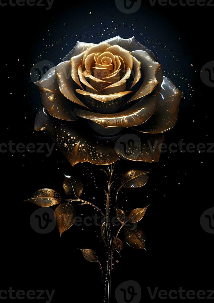 AI Generative rose with gold leaves and silver petals photo