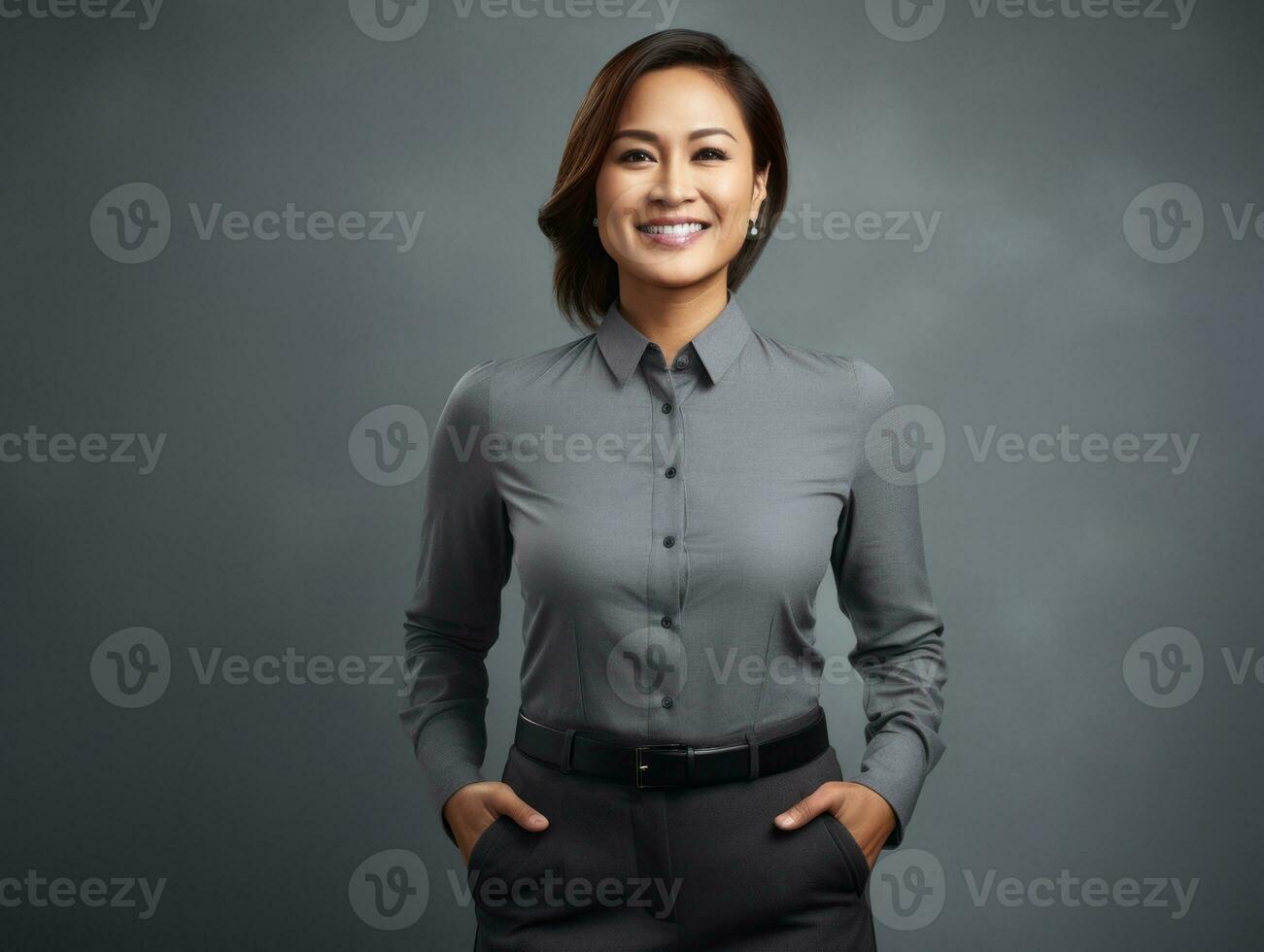 sonriente joven mujer de asiático descendencia vestido en elegante vestir ai generativo foto