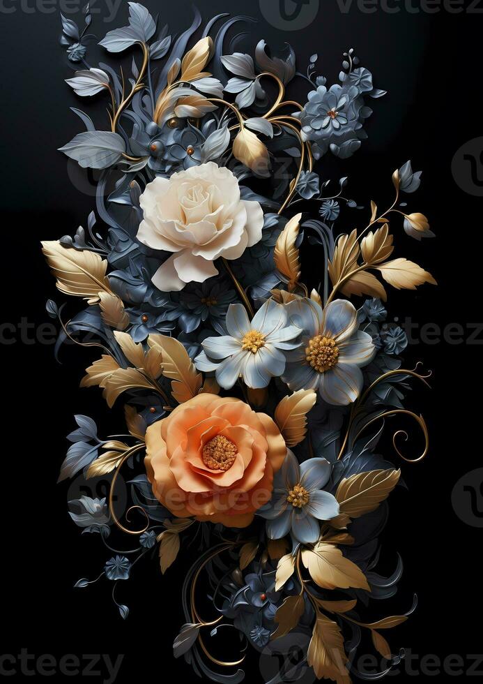 AI Generative floral arrangement with gold leaves and flowers photo