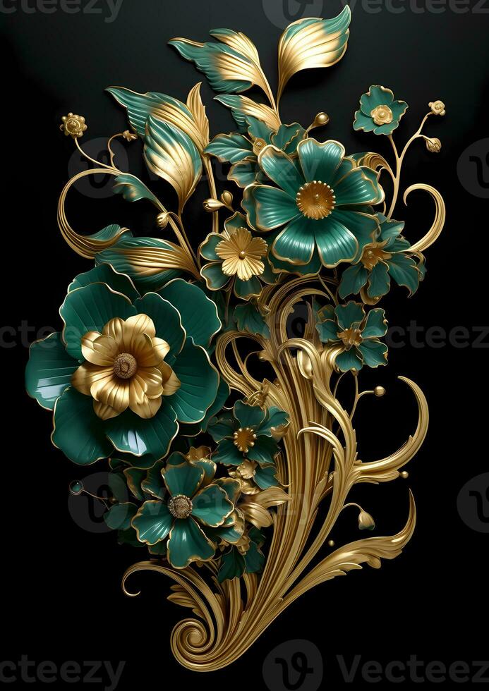 AI Generative green and golden flowers on black background photo