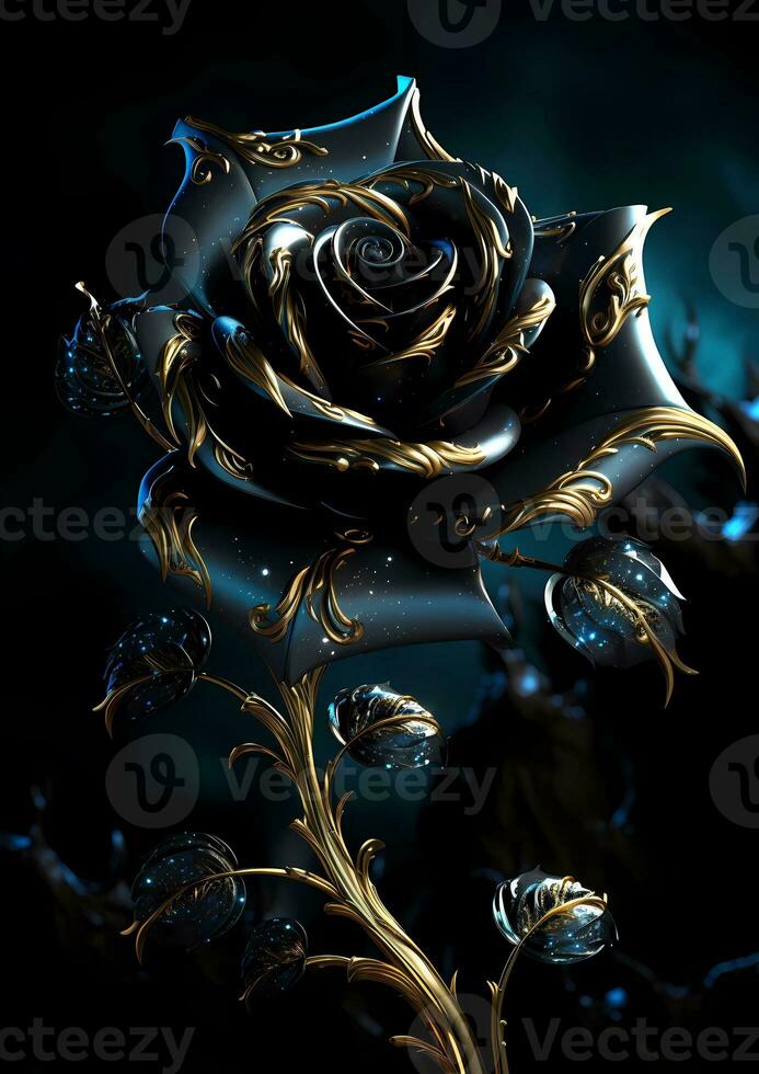 AI Generative black rose with gold leaves and leaves photo