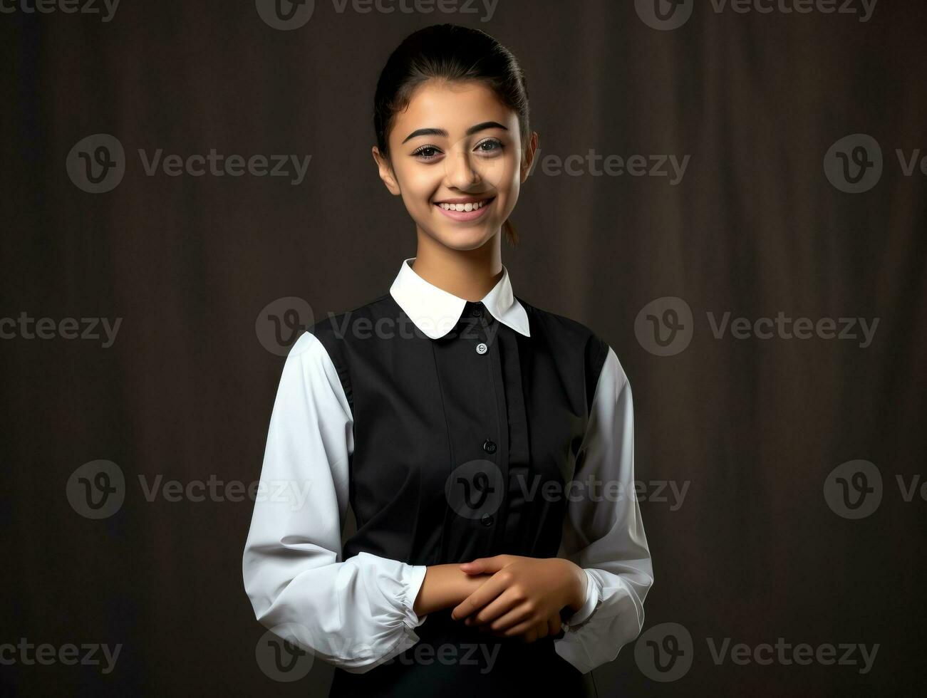 sonriente joven mujer de asiático descendencia vestido en elegante vestir ai generativo foto