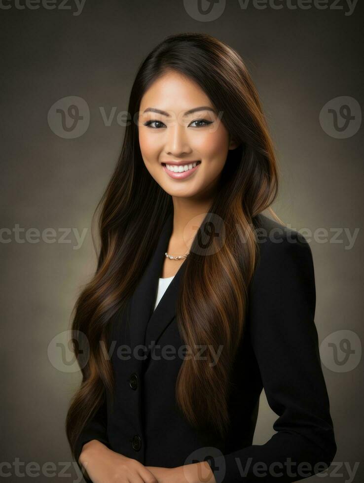 Smiling young woman of Asian descent dressed in elegant dress AI Generative photo