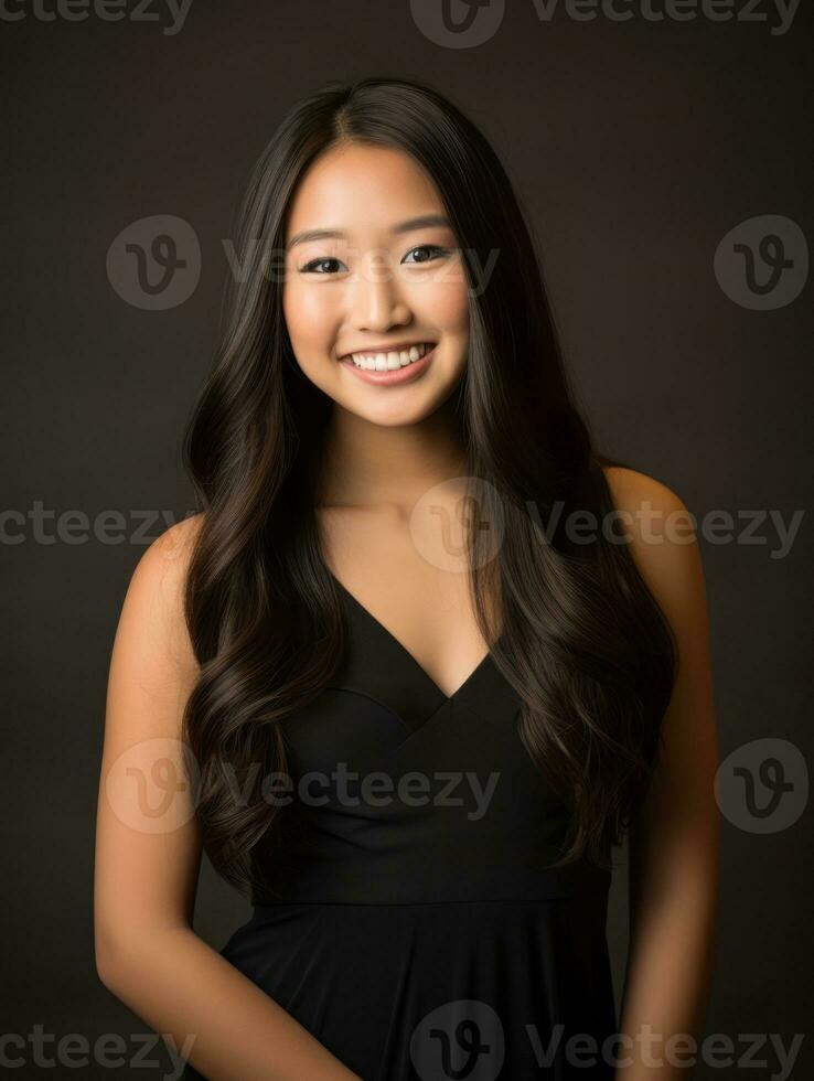 sonriente joven mujer de asiático descendencia vestido en elegante vestir ai generativo foto