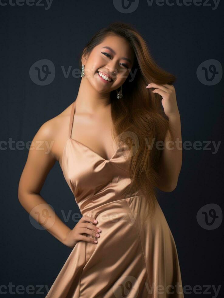 sonriente joven mujer de asiático descendencia vestido en elegante vestir ai generativo foto