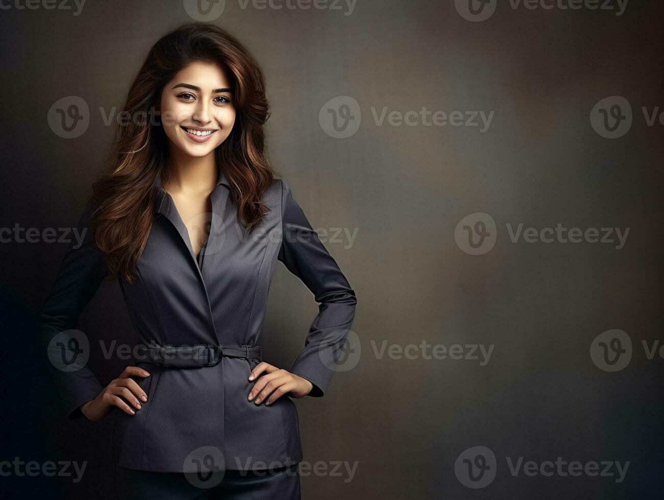 Smiling young woman of Asian descent dressed in elegant dress AI Generative photo