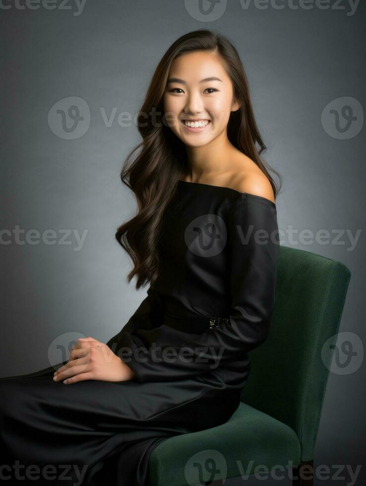 sonriente joven mujer de asiático descendencia vestido en elegante vestir ai generativo foto