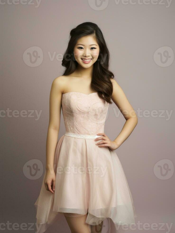 Smiling young woman of Asian descent dressed in elegant dress AI Generative photo