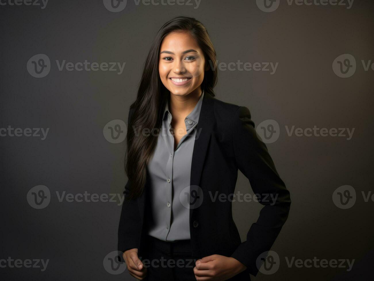 sonriente joven mujer de asiático descendencia vestido en elegante vestir ai generativo foto