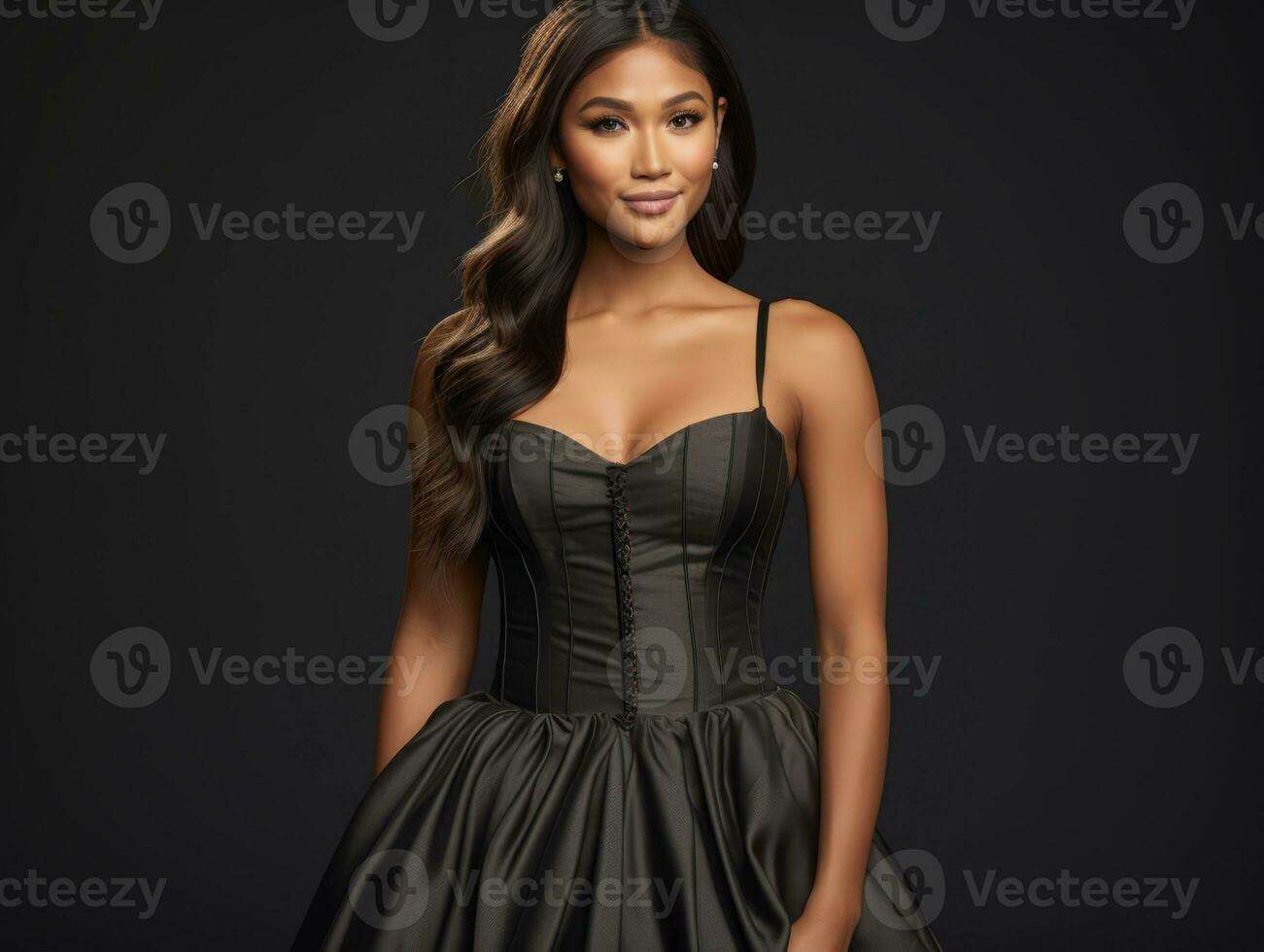 Smiling young woman of Asian descent dressed in elegant dress AI Generative photo