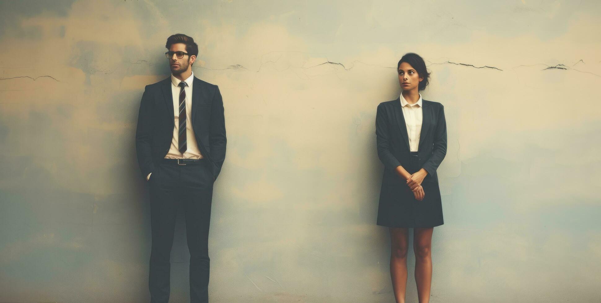 two business couple standing together standing in front of background photo