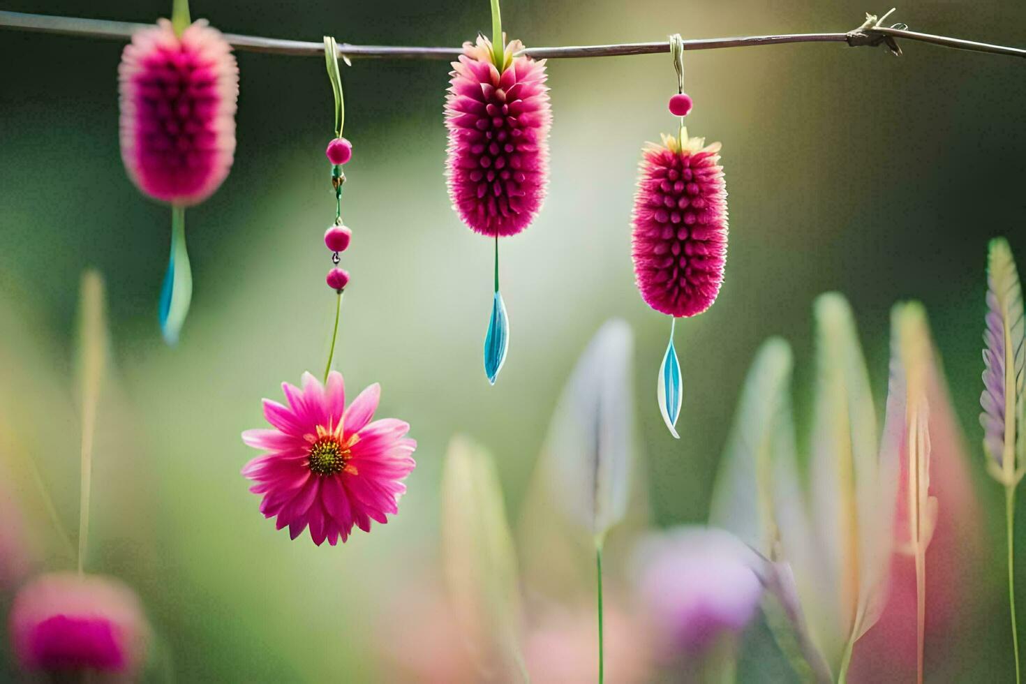 pink flowers hanging from a wire with grass and flowers. AI-Generated photo