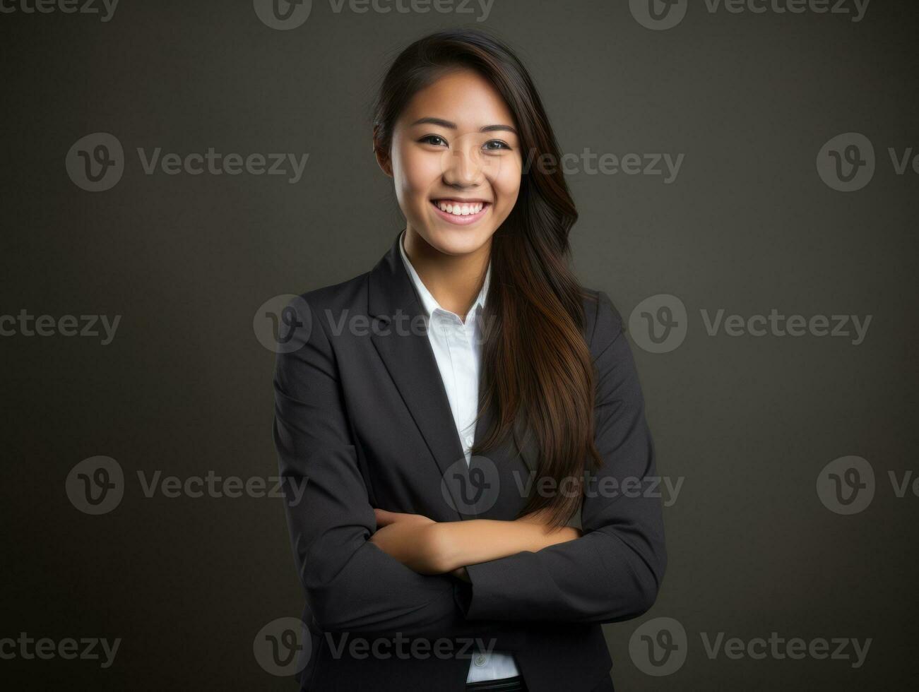 sonriente joven mujer de asiático descendencia vestido en elegante vestir ai generativo foto