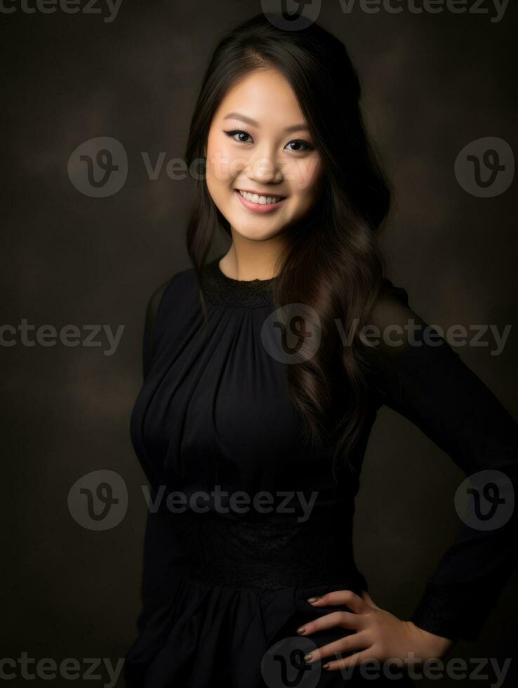 sonriente joven mujer de asiático descendencia vestido en elegante vestir ai generativo foto