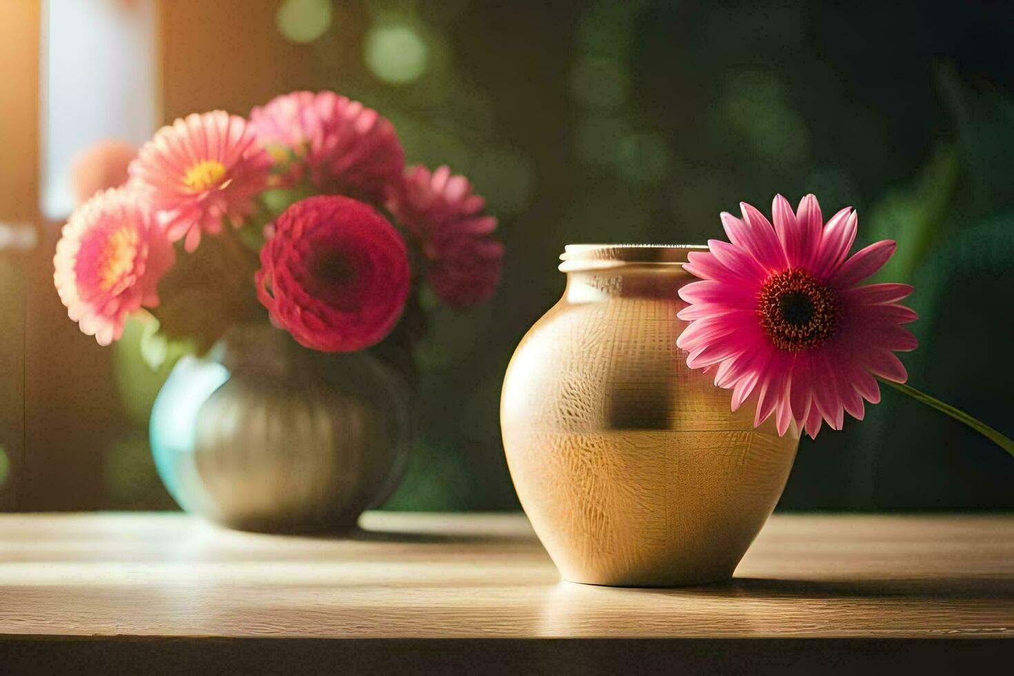 a gold vase with pink flowers sitting on a table. AI-Generated photo