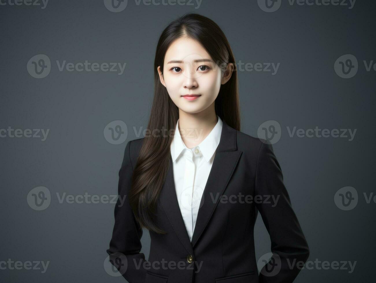 Smiling young woman of Asian descent dressed in elegant dress AI Generative photo