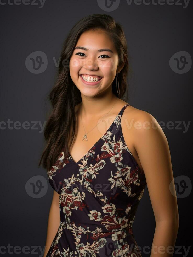 sonriente joven mujer de asiático descendencia vestido en elegante vestir ai generativo foto