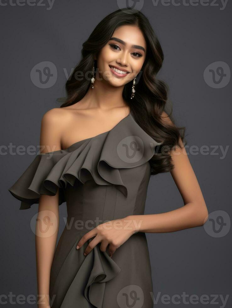 Smiling young woman of Asian descent dressed in elegant dress AI Generative photo