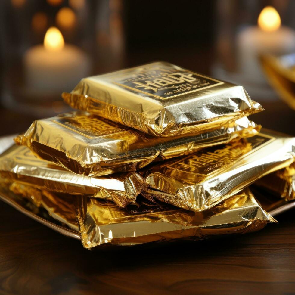 Hanukkah gelt in shiny gold foil wrappers photo