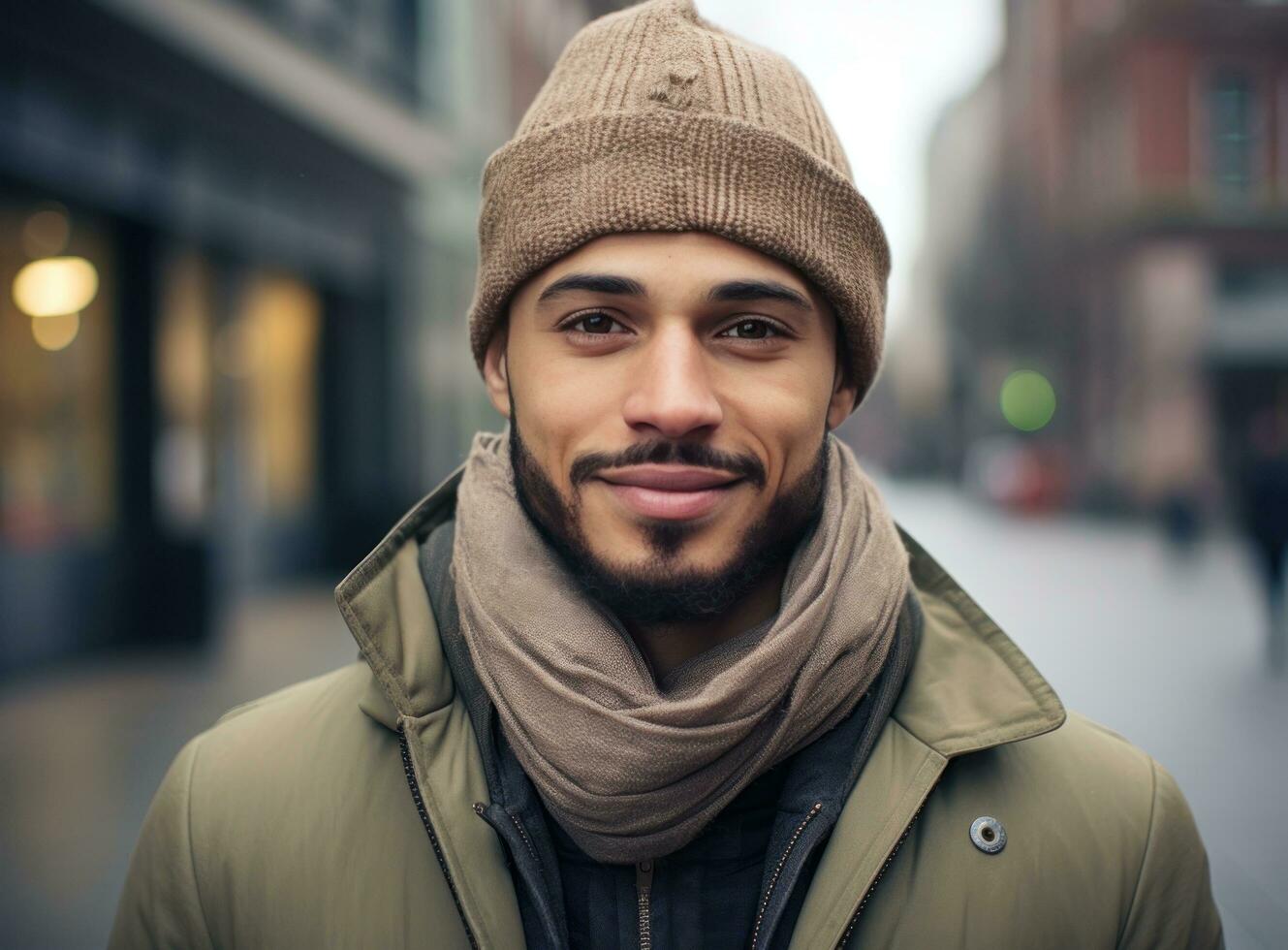 young man in winter and scarves on blue background with snow falling from the sky photo