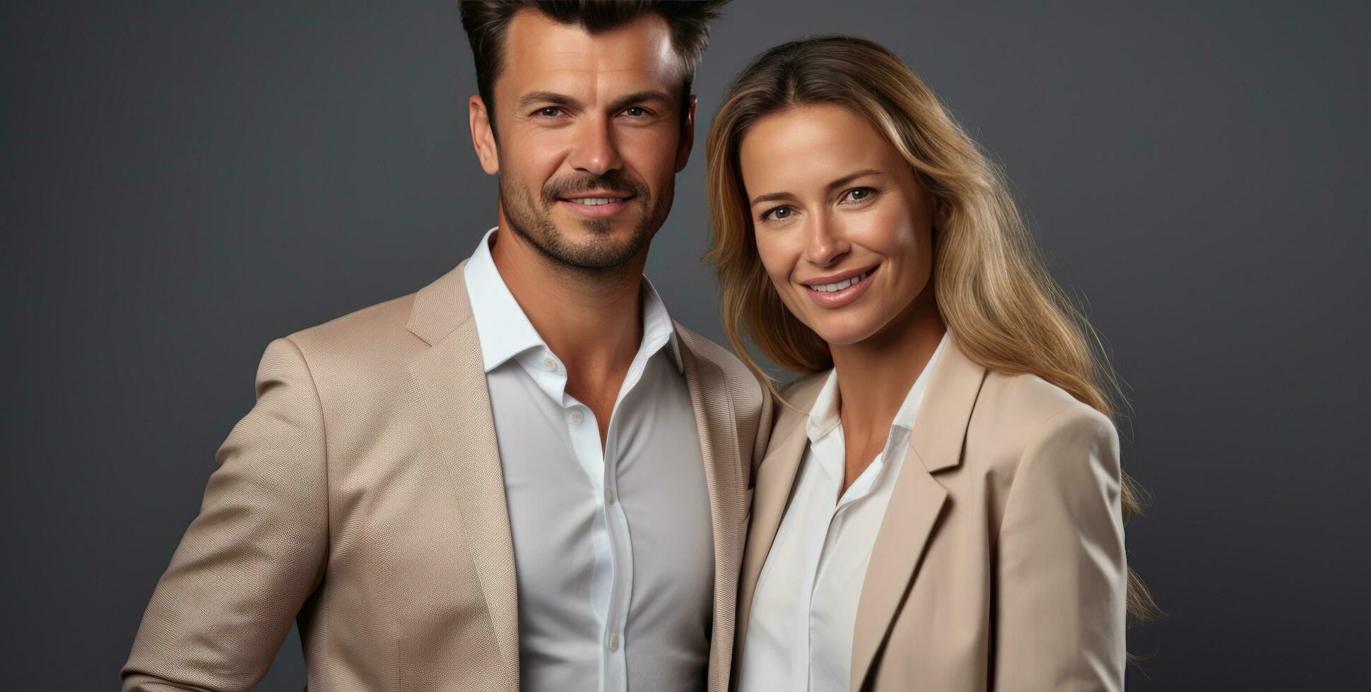 un atractivo negocio Pareja en negocio trajes en pie sonriente y posando para el cámara foto