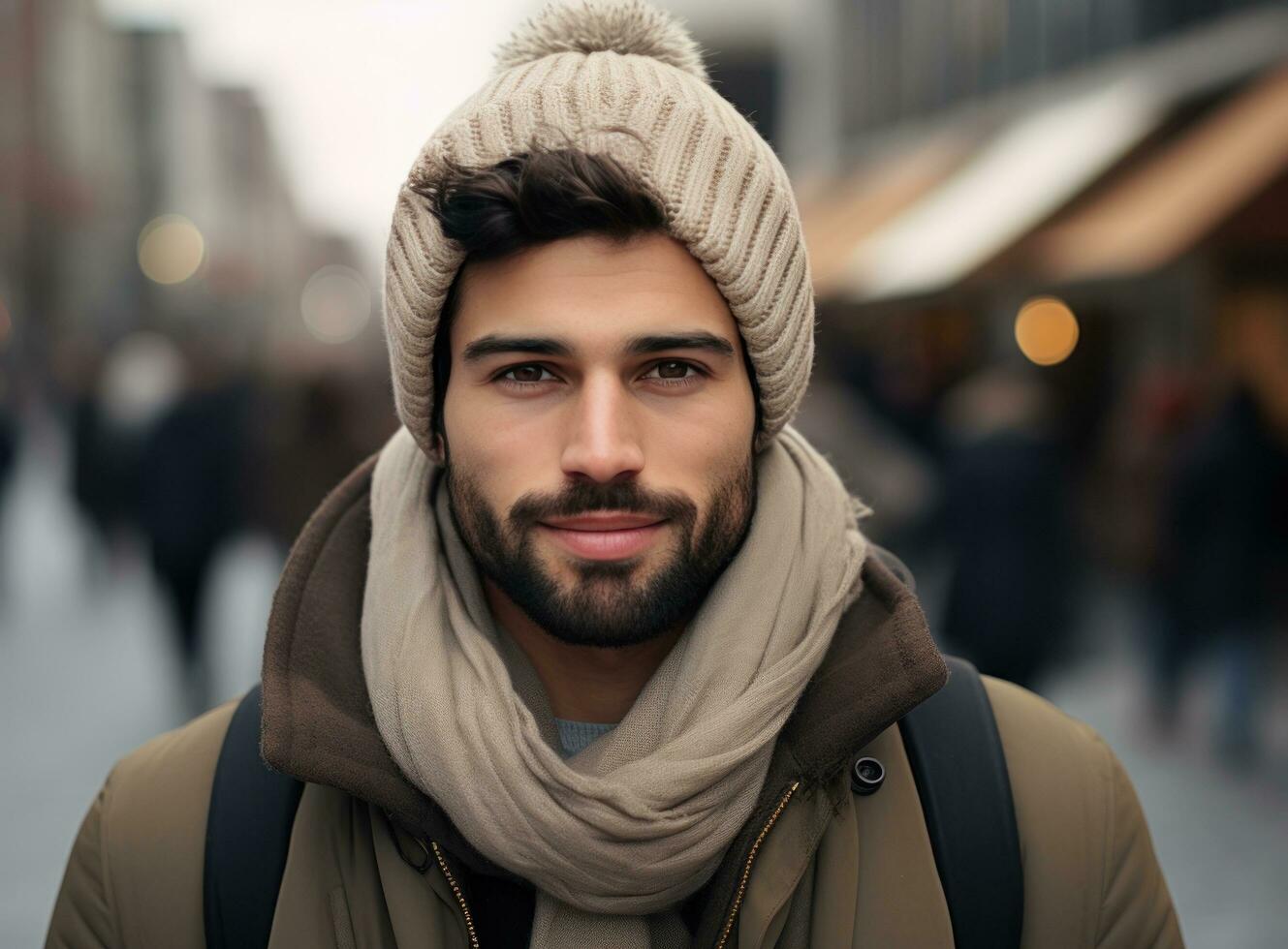 young man in winter and scarves on blue background with snow falling from the sky photo