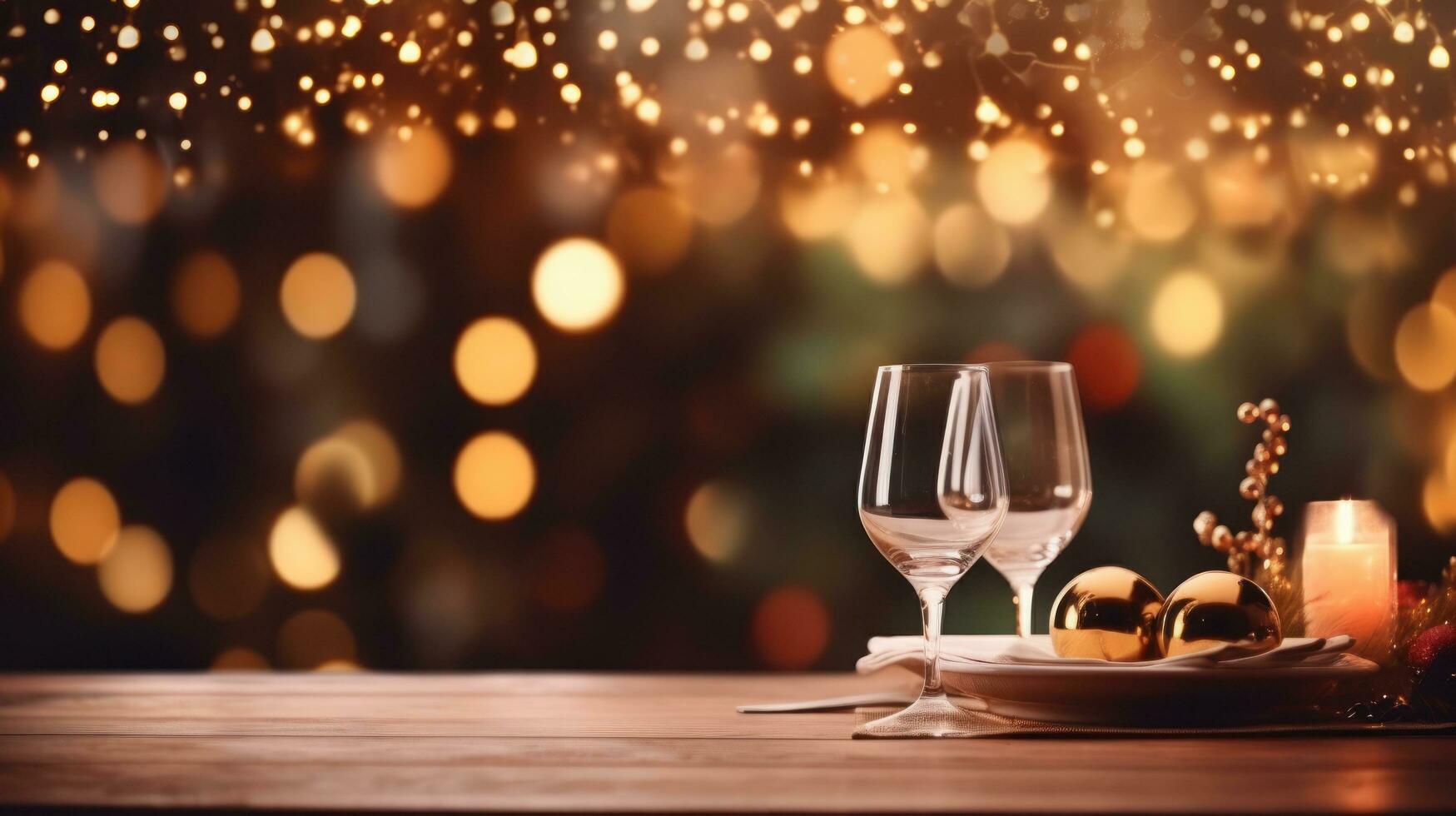 christmas dinner holiday background with blurred christmas tree