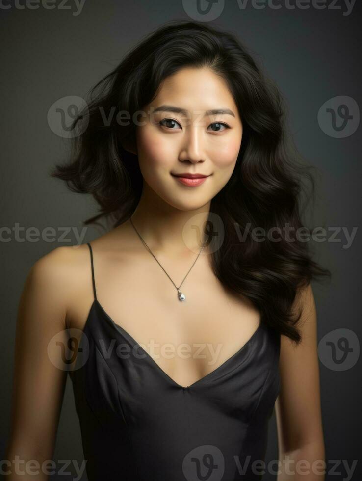 Smiling young woman of Asian descent dressed in elegant dress AI Generative photo