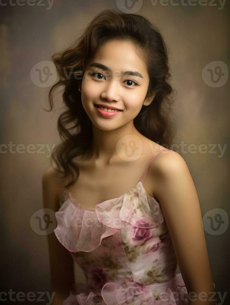 Smiling young woman of Asian descent dressed in elegant dress AI Generative photo