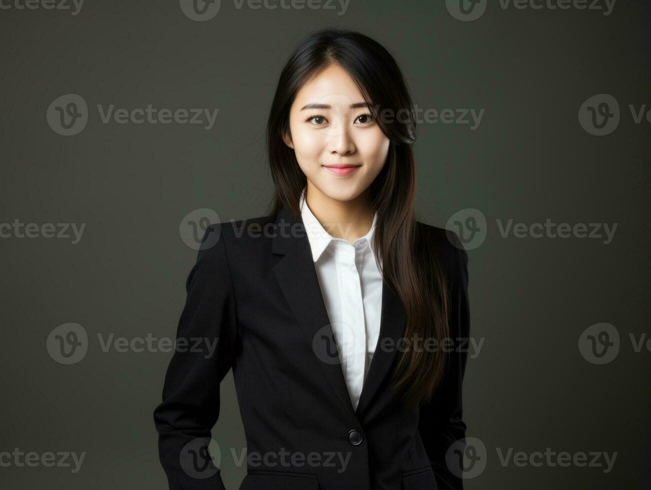 Smiling young woman of Asian descent dressed in elegant dress AI Generative photo